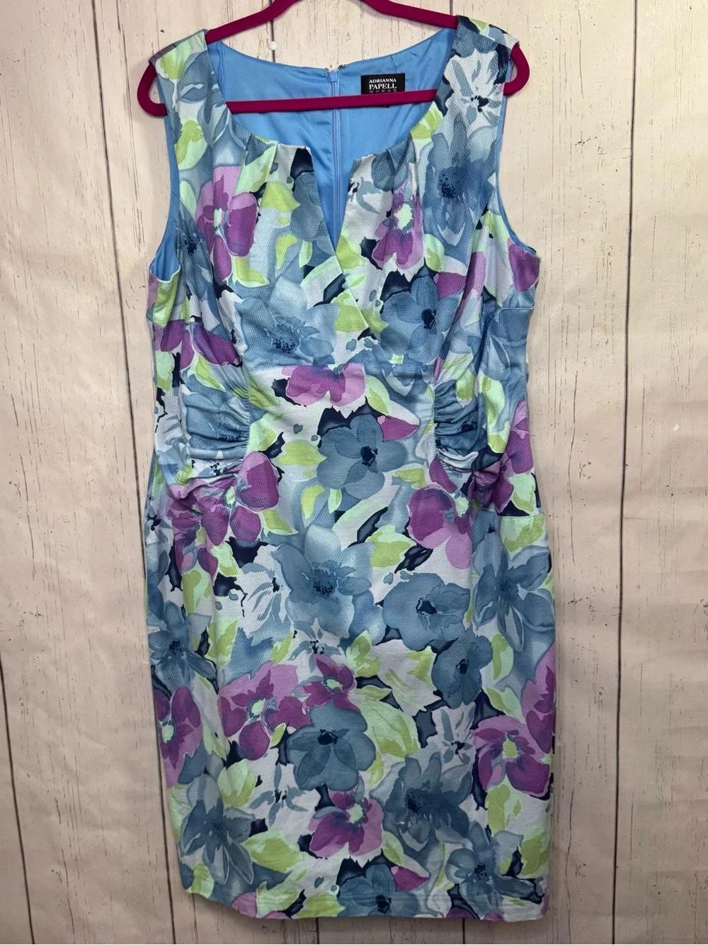 Adrianna Papell Floral Sheath Dress Blue Purple Ruched Waist 20W Wedding Guest